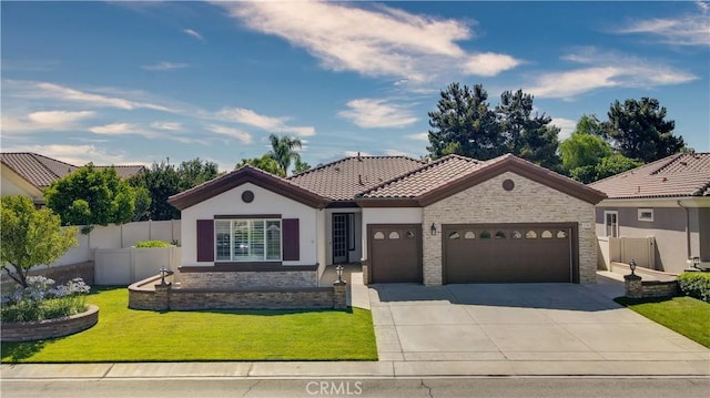 1740 Las Colinas Rd, Beaumont, CA 92223 - mediterranean / spanish-style home with stone siding, a garage, concrete driveway, stucco siding, and a tiled roof