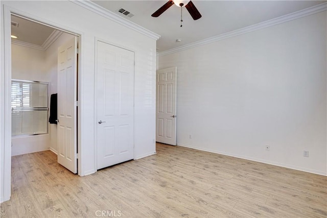 1740 Las Colinas Rd, Beaumont, CA 92223 - unfurnished bedroom with light wood-type flooring, crown molding, and ceiling fan