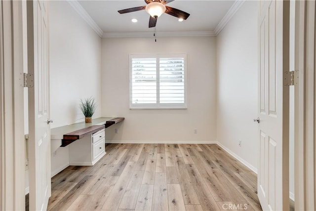 1740 Las Colinas Rd, Beaumont, CA 92223 - unfurnished office featuring a ceiling fan, light wood finished floors, crown molding, and recessed lighting