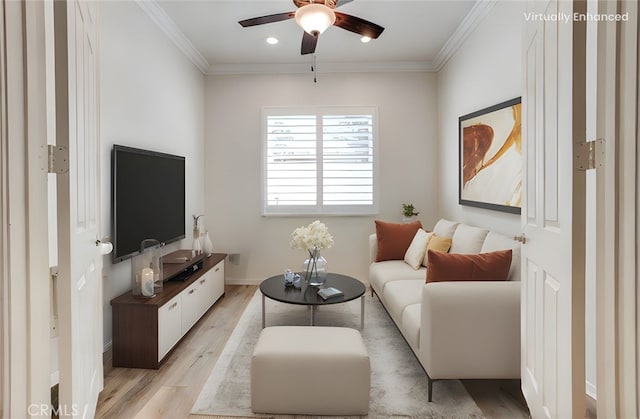 1740 Las Colinas Rd, Beaumont, CA 92223 - living area with light wood-style flooring, a ceiling fan, crown molding, and recessed lighting
