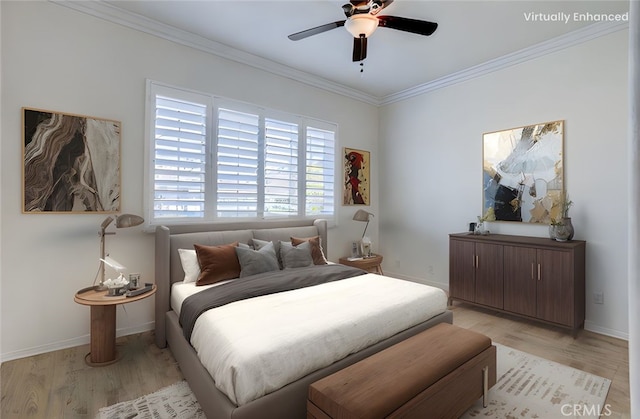 1740 Las Colinas Rd, Beaumont, CA 92223 - bedroom with crown molding, light wood finished floors, and a ceiling fan