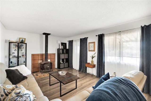 10000 8th Ave, Hesperia, CA 92345 - living room featuring a wood stove, a textured ceiling, plenty of natural light, and wood finished floors