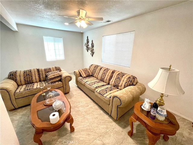 1325 Norton Ave, Dos Palos, CA 93620 - living room with a textured ceiling and a ceiling fan