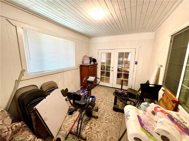 1325 Norton Ave, Dos Palos, CA 93620 - miscellaneous room featuring french doors, wooden ceiling, and carpet flooring