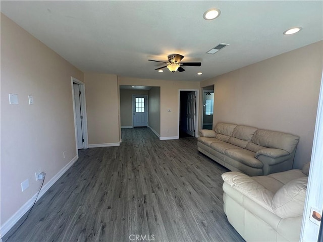 350 E 223rd St, Carson, CA 90745 - living room featuring wood finished floors, ceiling fan, and recessed lighting