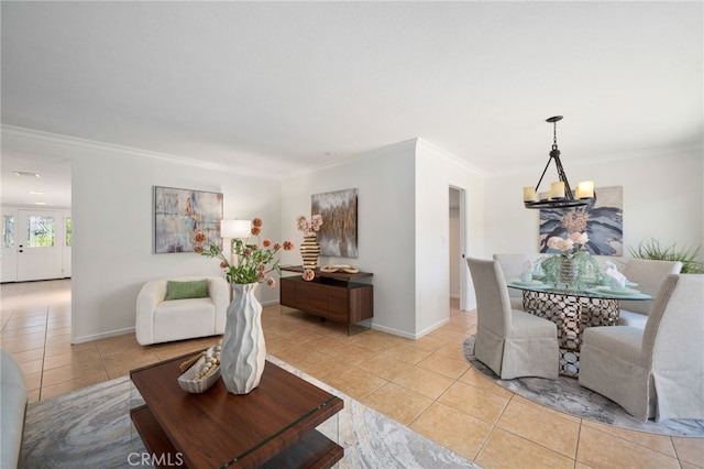 6152 Anthony Ave, Garden Grove, CA 92845 - living room featuring light tile patterned floors, a chandelier, and crown molding