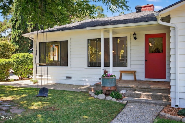 995 S La Luna Ave, Ojai, CA 93023 - property entrance featuring a chimney, a shingled roof, a yard, and crawl space