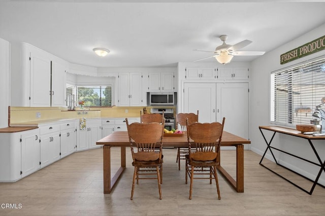995 S La Luna Ave, Ojai, CA 93023 - kitchen with stainless steel microwave, white cabinets, ceiling fan, stove, and light countertops
