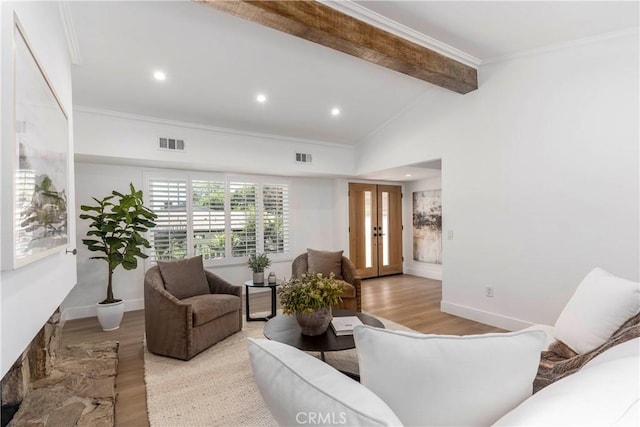 22608 Crespi St, Woodland Hills, CA 91364 - living room with wood finished floors, french doors, crown molding, and recessed lighting