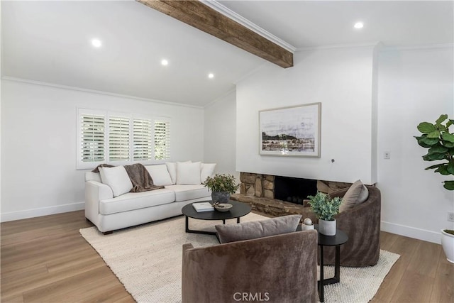 22608 Crespi St, Woodland Hills, CA 91364 - living area featuring wood finished floors, crown molding, recessed lighting, and a stone fireplace
