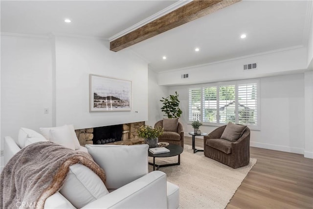 22608 Crespi St, Woodland Hills, CA 91364 - living area featuring wood finished floors, ornamental molding, a fireplace, and recessed lighting
