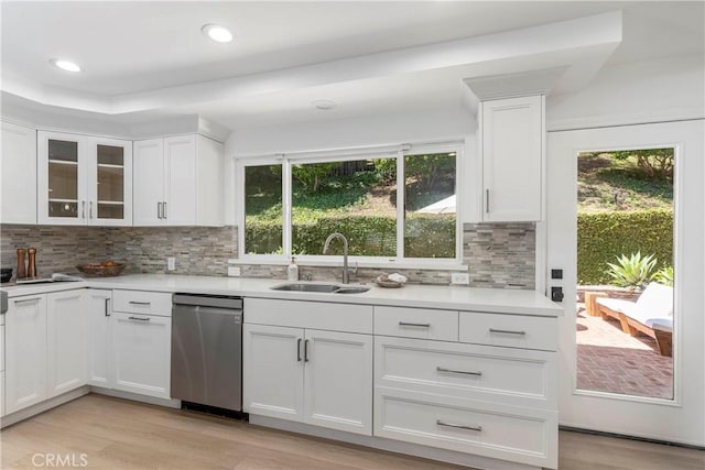 22608 Crespi St, Woodland Hills, CA 91364 - kitchen featuring dishwasher, white cabinets, light countertops, tasteful backsplash, and recessed lighting
