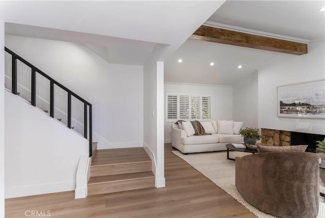 22608 Crespi St, Woodland Hills, CA 91364 - living room with recessed lighting, light wood-style floors, beam ceiling, and ornamental molding