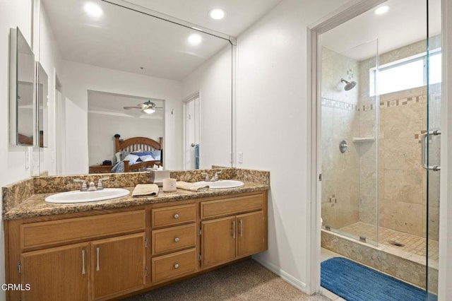 1531 Daphne Ave, Ventura, CA 93004 - bathroom featuring ensuite bath, a shower stall, double vanity, ceiling fan, and recessed lighting