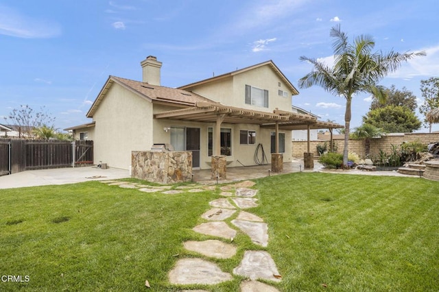 1531 Daphne Ave, Ventura, CA 93004 - back of house featuring a patio area, a pergola, a fenced backyard, stucco siding, and a chimney