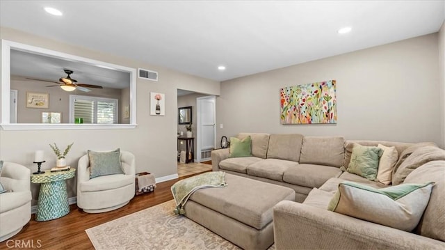 1052 Golden Rain St, Upland, CA 91786 - living room featuring wood finished floors, a ceiling fan, and recessed lighting