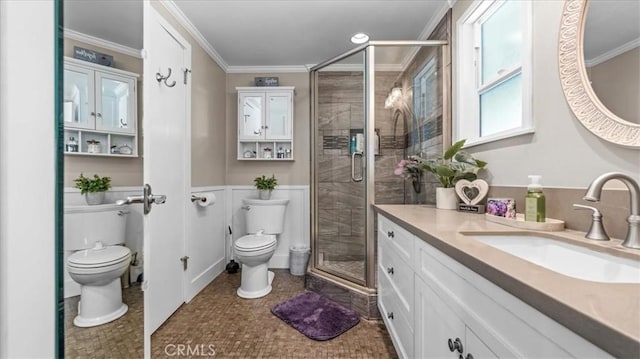 1052 Golden Rain St, Upland, CA 91786 - bathroom with a shower stall, vanity, crown molding, and wainscoting