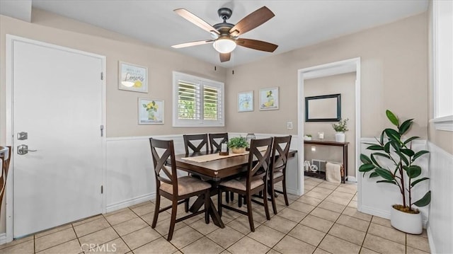 1052 Golden Rain St, Upland, CA 91786 - dining space featuring light tile patterned floors, a ceiling fan, and a wainscoted wall