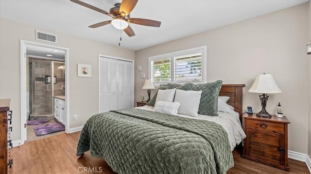 1052 Golden Rain St, Upland, CA 91786 - bedroom with wood finished floors, a closet, ensuite bath, and a ceiling fan