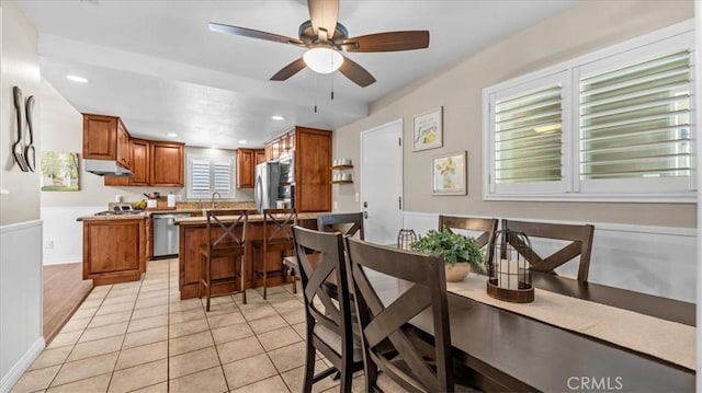 1052 Golden Rain St, Upland, CA 91786 - dining area featuring a ceiling fan, light tile patterned floors, and recessed lighting