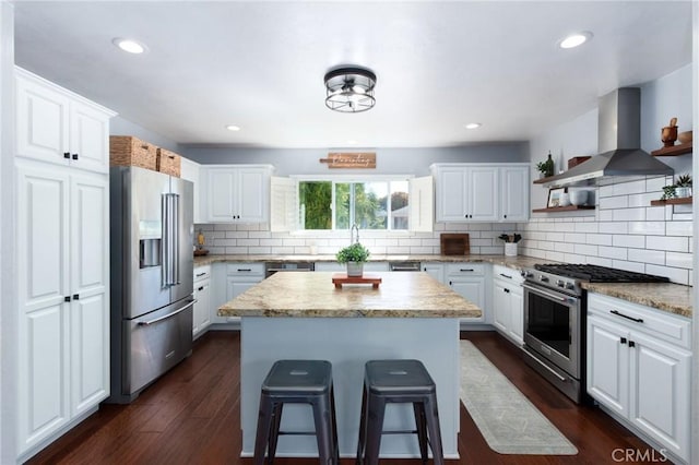 348 Clubhouse Dr, Santa Maria, CA 93455 - kitchen featuring stainless steel appliances, island range hood, open shelves, a center island, and white cabinets