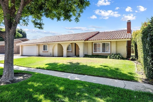 3262 Avenida Simi, Simi Valley, CA 93063 - mediterranean / spanish-style home with a garage, stucco siding, a front yard, concrete driveway, and a chimney