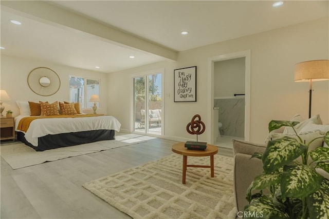 722 W Cully Dr, Orange, CA 92865 - bedroom with access to exterior, wood finished floors, beamed ceiling, recessed lighting, and connected bathroom
