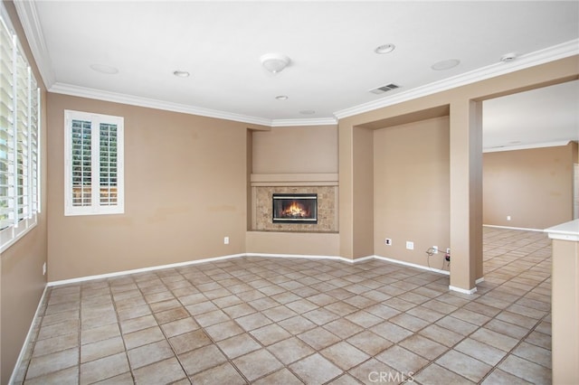 31241 Casera Ct, Menifee, CA 92584 - unfurnished living room with light tile patterned floors, crown molding, and a glass covered fireplace