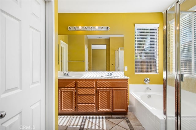 31241 Casera Ct, Menifee, CA 92584 - bathroom with double vanity, a garden tub, a stall shower, and tile patterned flooring
