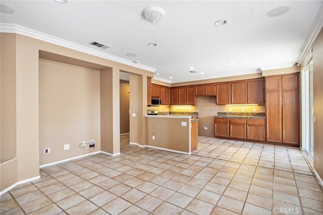 31241 Casera Ct, Menifee, CA 92584 - kitchen featuring stainless steel microwave, brown cabinetry, recessed lighting, light tile patterned flooring, and ornamental molding
