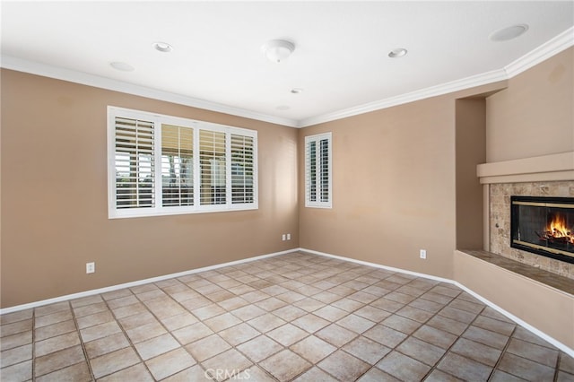 31241 Casera Ct, Menifee, CA 92584 - unfurnished living room featuring crown molding, a fireplace, tile patterned flooring, and recessed lighting
