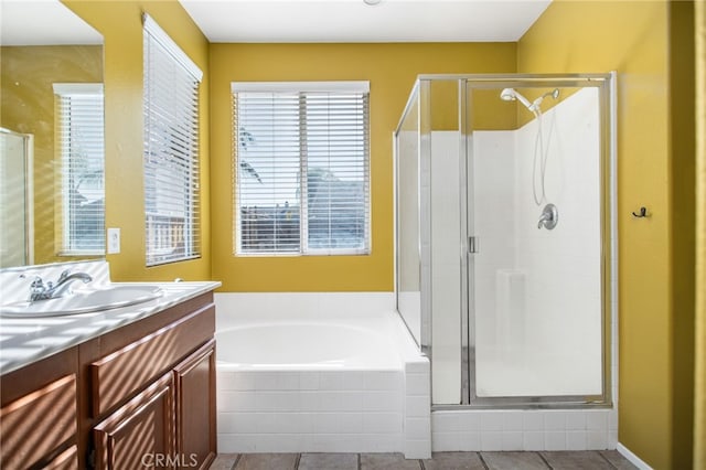 31241 Casera Ct, Menifee, CA 92584 - bathroom with a stall shower, vanity, a bath, and tile patterned flooring