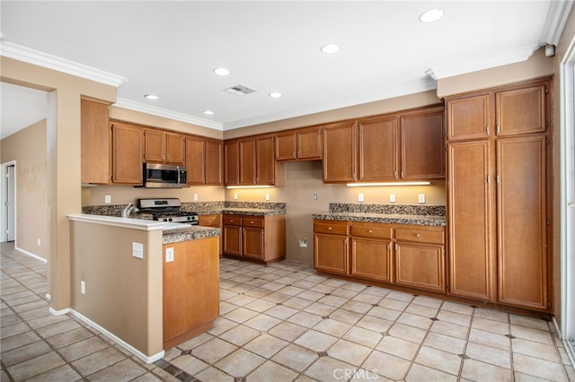 31241 Casera Ct, Menifee, CA 92584 - kitchen with stainless steel appliances, brown cabinetry, recessed lighting, ornamental molding, and a peninsula