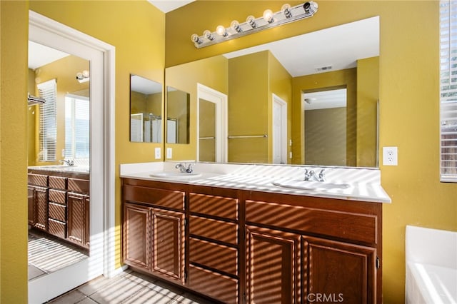 31241 Casera Ct, Menifee, CA 92584 - bathroom with double vanity, a bath, and tile patterned flooring