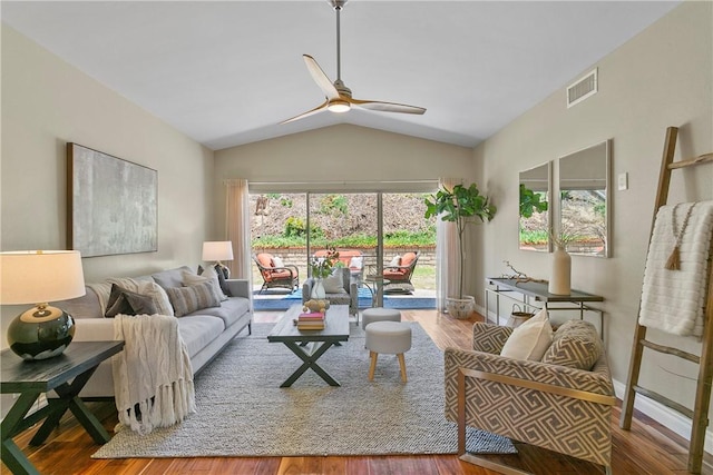 26551 Fresno Dr, Mission Viejo, CA 92691 - living room featuring lofted ceiling, wood finished floors, and ceiling fan