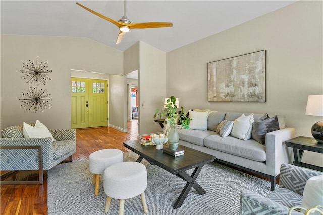 26551 Fresno Dr, Mission Viejo, CA 92691 - living room featuring vaulted ceiling, wood finished floors, and ceiling fan
