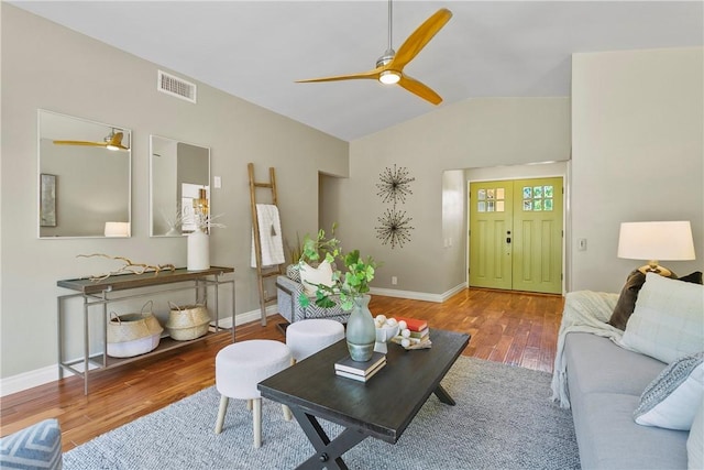 26551 Fresno Dr, Mission Viejo, CA 92691 - living area featuring a ceiling fan, lofted ceiling, and wood finished floors
