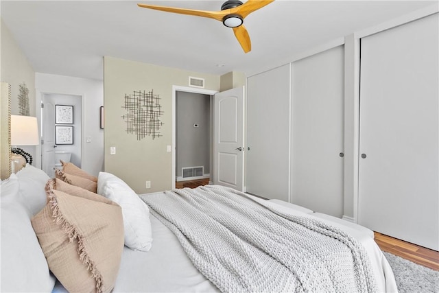 26551 Fresno Dr, Mission Viejo, CA 92691 - bedroom with wood finished floors, ceiling fan, and two closets