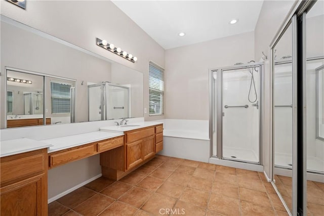 42730 Settlers Rdg, Murrieta, CA 92562 - bathroom featuring a shower stall, a garden tub, vanity, and recessed lighting