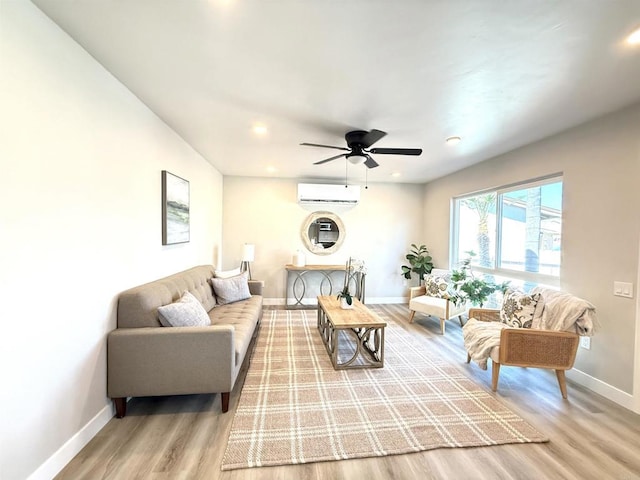 9944 Donner St, Santee, CA 92071 - living area featuring a wall mounted AC, light wood-style floors, a ceiling fan, and recessed lighting