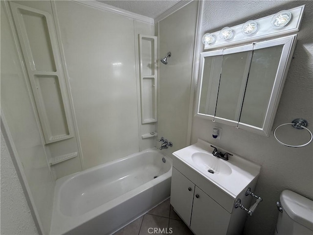 1032 W Coronado Ave, Ridgecrest, CA 93555 - full bath with vanity, tub / shower combination, tile patterned flooring, crown molding, and a textured ceiling