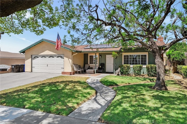 7420 London Ave, Rancho Cucamonga, CA 91730 - ranch-style home with a garage, concrete driveway, an outdoor hangout area, a front yard, and stucco siding