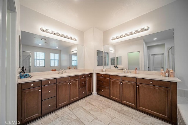 11905 Flicker Cv, Corona, CA 92883 - full bath with a shower stall, vanity, a bathtub, and marble finish floors