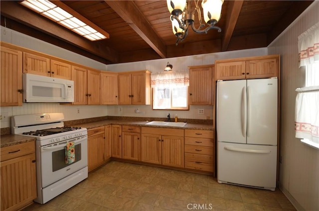 2062 9th Ln, Big Bear City, CA 92314 - kitchen with white appliances, a chandelier, a wood ceiling with exposed beams, and light brown cabinets