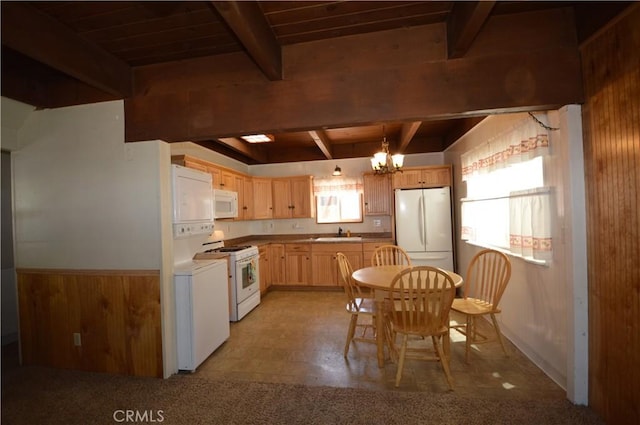 2062 9th Ln, Big Bear City, CA 92314 - kitchen featuring white appliances, wood walls, light brown cabinets, a chandelier, and a wood ceiling with exposed beams