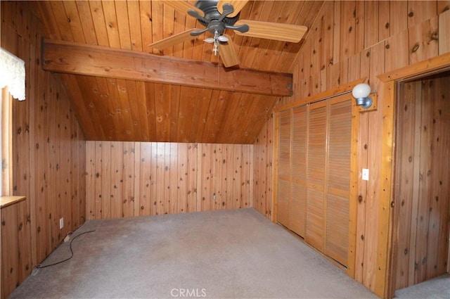2062 9th Ln, Big Bear City, CA 92314 - additional living space featuring wooden ceiling, carpet floors, wooden walls, and a ceiling fan