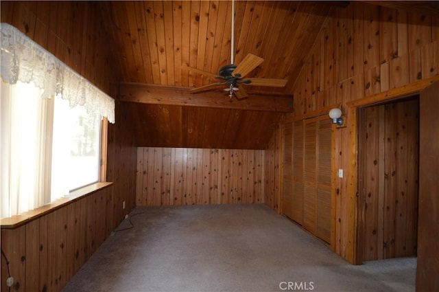 2062 9th Ln, Big Bear City, CA 92314 - bonus room with vaulted ceiling, wooden walls, wooden ceiling, carpet flooring, and a ceiling fan