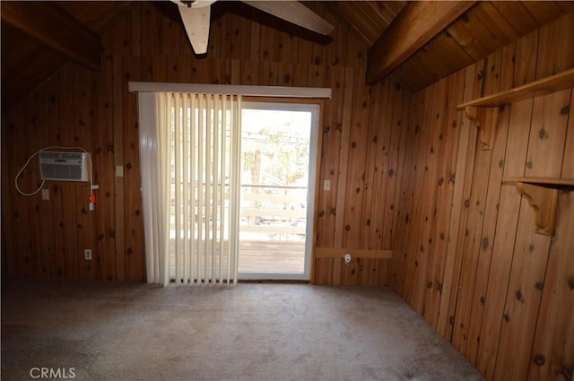 2062 9th Ln, Big Bear City, CA 92314 - carpeted empty room with wooden walls, a wall unit AC, ceiling fan, and wood ceiling