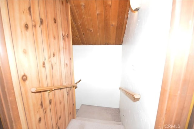 2062 9th Ln, Big Bear City, CA 92314 - stairs featuring wooden ceiling and carpet