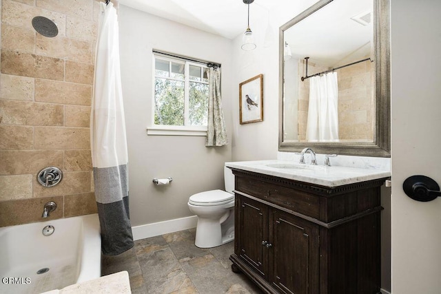 3041 Fairlea Rd, Santa Ynez, CA 93460 - full bathroom featuring vanity, stone finish flooring, and shower / bath combo with shower curtain